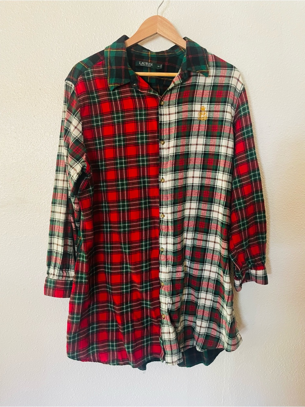 Lauren Ralph Lauren Flannel Plaid Night Shirt Monogram Embroidered Logo Size XL